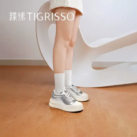 蹀愫圆头厚底增高休闲运动银色女饼干板鞋TA54260-50商品大图