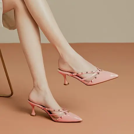 时尚个性铆钉包头凉拖女气质外穿细跟夏款裙装仙女鞋真皮女士拖鞋商品大图