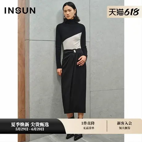 INSUN恩裳秋季羊绒羊毛斜向拼接针织衫商品大图