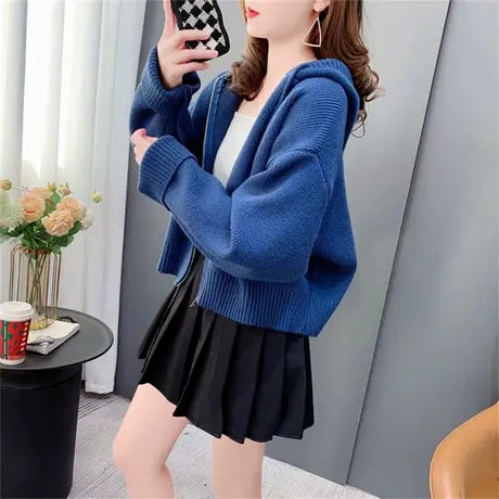 短款纯色连帽针织开衫女2023新款春季宽松百搭学生小个子上衣外套商品大图