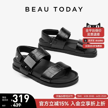 BeauToday真皮厚底休闲凉鞋夏季可外穿罗马凉鞋女一字带女士凉鞋图片