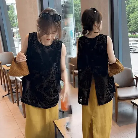 黑色薄款提花无袖背心女夏季2025新款独特漂亮小衫设计感上衣图片