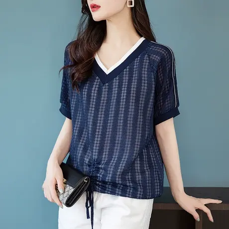 短袖t恤女夏季新款加肥加大码女装宽松休闲百搭V领遮肚子显瘦上衣商品大图