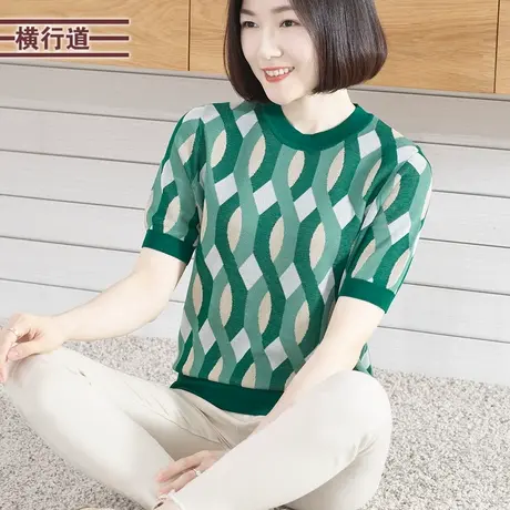 针织短袖女夏季圆领撞色宽松绿色洋气大码妈妈上衣外穿显瘦夏装女商品大图