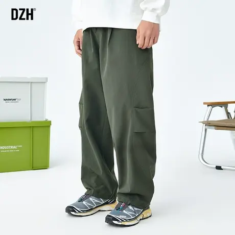 男士军绿色垂感裤子男款美式高街2023新款休闲直筒裤百搭长裤潮牌商品大图