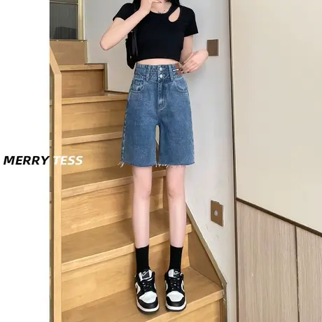 复古蓝直筒牛仔裤女夏季2023年新款设计感修身弹力百搭中裤五分裤商品大图