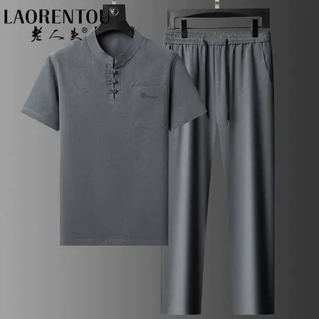 老人头唐装男中老年夏季短袖套装2025薄款新中式爷爷国风两件套商品大图