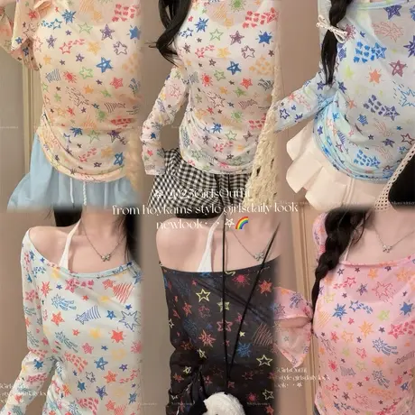 美式辣妹一字肩长袖星星防晒罩衫T恤女夏2025新款设计感别致上衣商品大图