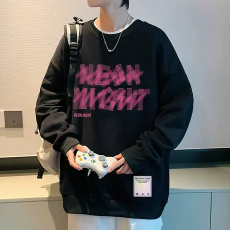 长袖t恤男春秋季新款港风宽松休闲打底衫青少年潮牌印花圆领卫衣商品大图