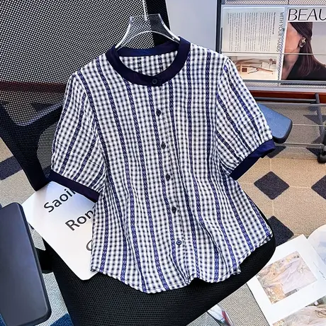 拉夏贝尔格子衬衫短袖女2025秋季立领中袖百搭休闲ins风小衫上衣商品大图