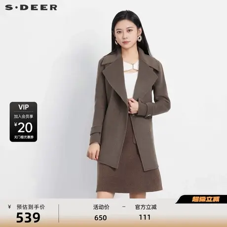 sdeer圣迪奥女装休闲西装领收腰毛呢短款大衣S23482604商品大图