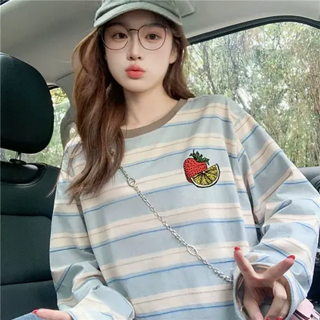 卡通撞色条纹长袖t恤女2025新款春秋美式设计感休闲宽松减龄上衣商品大图