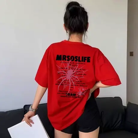2025新款纯棉美式宽松短袖女t恤夏季爆款红色体恤小衫半袖上衣潮商品大图