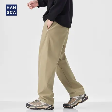 hansca卡其色宽松直筒休闲裤男2025秋季美式抽绳运动拼接工装长裤商品大图
