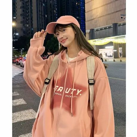 唐狮冬季新款外套女连帽星星图案粉色卫衣外套复古美式潮流行qdtu图片