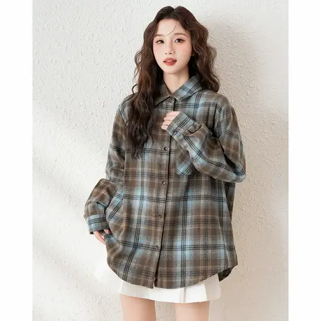 唐狮春秋新款女衬衫格子渐变休闲宽松女士衬衫外套时尚宽松百搭TD图片
