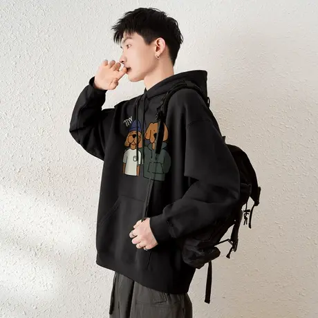 唐狮春秋季新款男生连帽卫衣黑色上衣青少年长袖休闲宽松外套TD图片