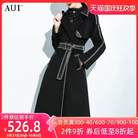 AUI高级感撞色翻领毛呢外套女2022秋冬新款御姐气质黑色呢子大衣商品大图