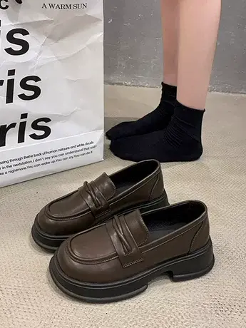 乐福鞋女春秋日系JK制服鞋百搭棕色复古英伦风小皮鞋厚底黑色单鞋商品大图