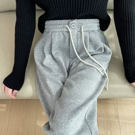 美式灰色加绒运动裤女冬季新款高腰休闲显瘦加厚垂感阔腿拖地卫裤商品大图