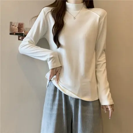 双面德绒半高领打底衫女内搭秋冬加绒加厚保暖长袖T恤修身上衣服图片