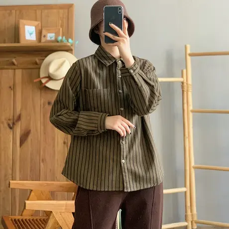dza 复古翻领竖条纹加绒衬衫外套女冬季休闲洋气内搭上衣漂亮衬衣图片