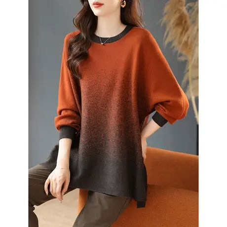 宝诗黎圆领蝙蝠袖慵懒毛衣渐变色打底长袖宽松针织衫2023秋季新款商品大图
