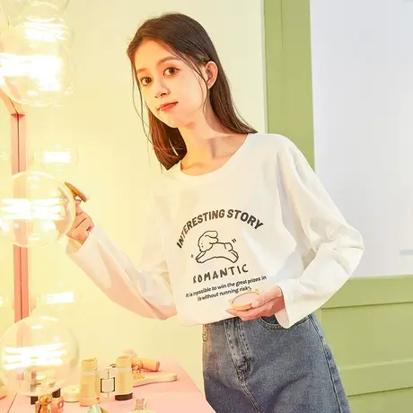 唐狮2023秋季新款打底衫女宽松内搭甜美上衣百搭白色长袖t恤女潮商品大图