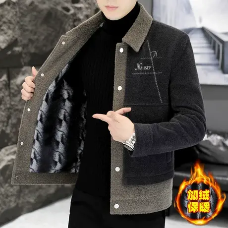 高端机能翻领外套男士冬季时尚加绒加厚痞帅拼色金貂绒呢子夹克潮商品大图