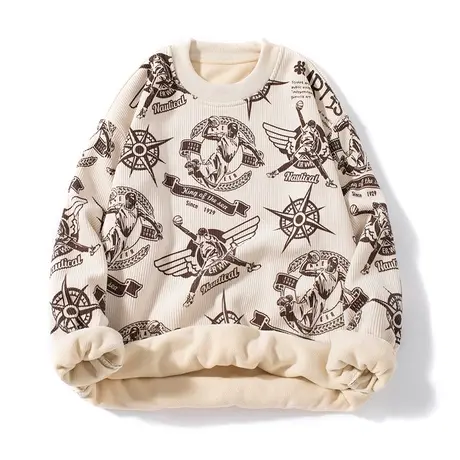 秋冬季潮牌印花宽松上衣外套痞帅内搭加厚卫衣男士保暖加绒打底衫商品大图