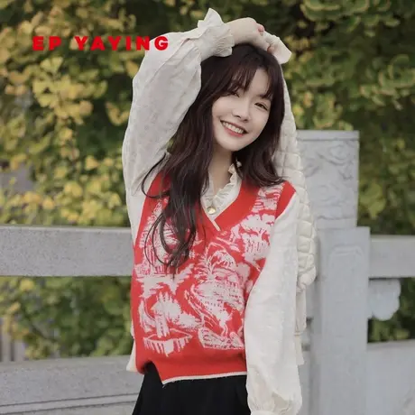 EP YAYING雅莹女装 国风茶景提花针织背心马甲 2022新款9012A图片