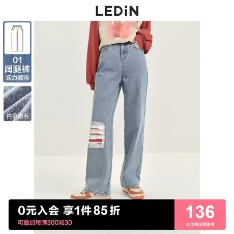 乐町磨毛加厚牛仔裤2023春季新款小众条纹贴布高腰阔腿裤女小个子图片