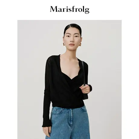 【真丝轻工艺】玛丝菲尔秋季新款黑色V领交叠式镂空针织衫商品大图