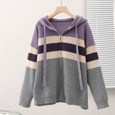 23073连帽衫女新款韩版宽松撞色长袖拉链衫针织衫开衫外套女士图片