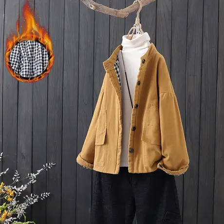 复古文艺立领单排扣夹棉加厚保暖棉衣冬季新款女装宽松短外套上衣图片