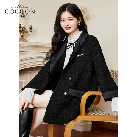 missCOCOON黑色大衣外套女2022新款冬季宽松百搭羊毛混纺毛呢外套商品大图