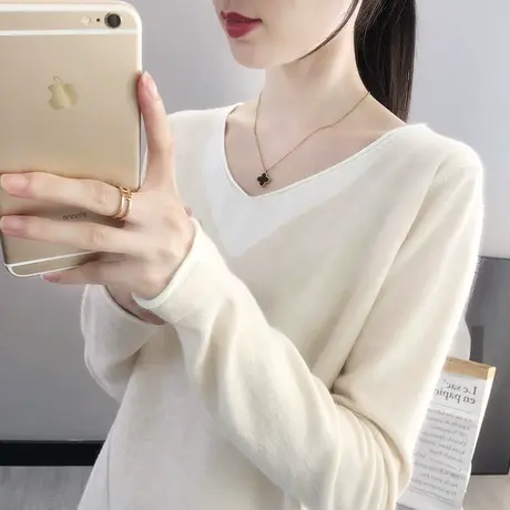2023春秋新款毛衣V领长袖纯色套头韩版宽松打底衫上衣内搭针织衫商品大图