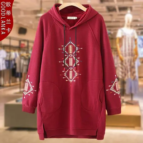 加肥加大码女中年胖妈妈卫衣宽松显瘦中长连帽加绒绣花外套200斤图片