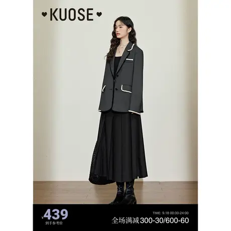 阔色黑灰色休闲西装女2023秋冬新款毛边设计感西服外套气质上衣图片