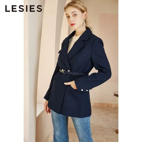 LESIES蓝色倾情秋冬女装新款西装领收腰显瘦轻职风毛呢大衣外套图片