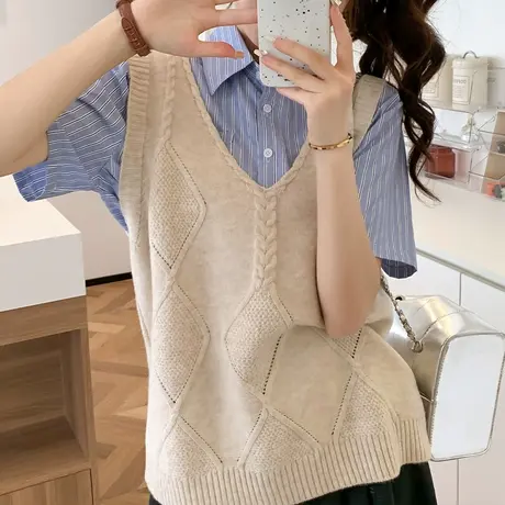 叠穿外搭针织马甲女春秋百搭复古麻花V领宽松毛衣坎肩背心女马夹商品大图