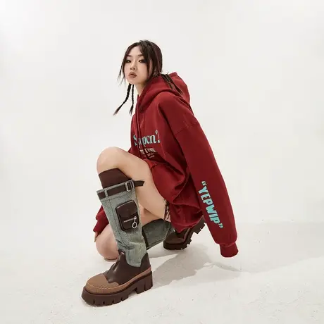 YEP复古酒红色连帽卫衣女春秋2024新款潮牌宽松oversize外套上衣商品大图