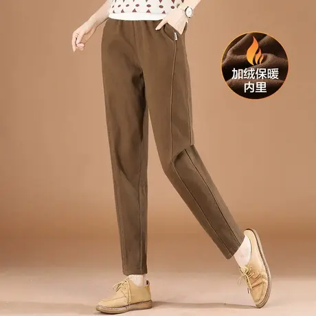 韩潮袭人松紧高腰加绒休闲长裤女2023冬新款显瘦加厚哈伦工装裤子图片