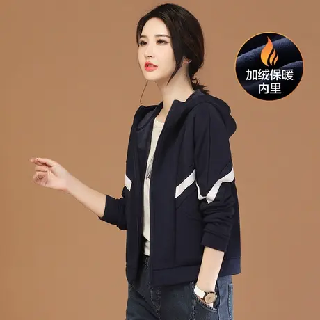 韩潮袭人连帽拼接加绒长袖开衫卫衣女2023冬季新款休闲百搭短外套图片
