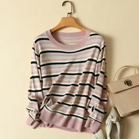 春装2024年新款套头韩版宽松低圆领条纹内搭毛衣长袖针织打底衫女图片