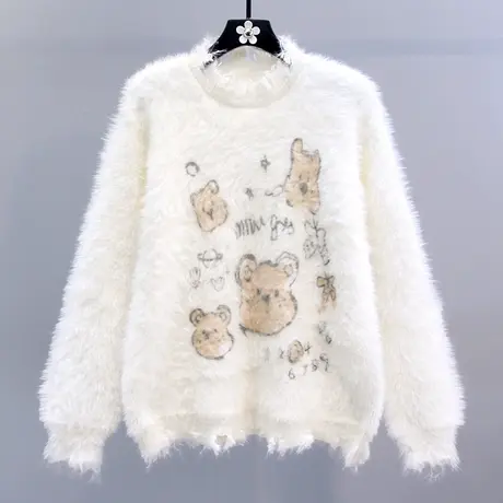 日系卡通小熊毛衣女秋冬2023新款宽松慵懒风设计感破洞软糯针织衫图片