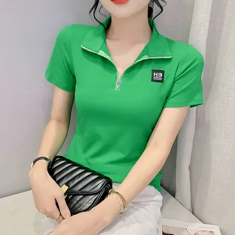 欧货立领拉链T恤女短袖2024夏季新款百搭显瘦小衫气质个性上衣ins商品大图