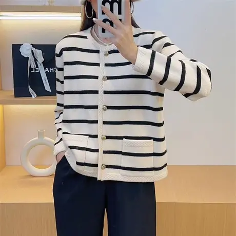 小香风女毛衣条纹针织开衫2023年新款洋气时尚宽松女上衣秋装外套商品大图