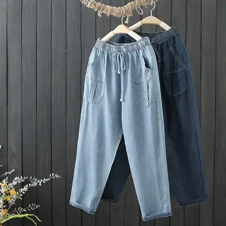 天丝牛仔裤女夏季薄款松紧腰抽绳宽松显瘦哈伦裤休闲直筒九分裤子商品大图