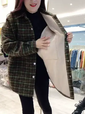 加绒毛呢格子衬衫外套女秋冬复古中长款长袖新款2025年复古港味风商品大图